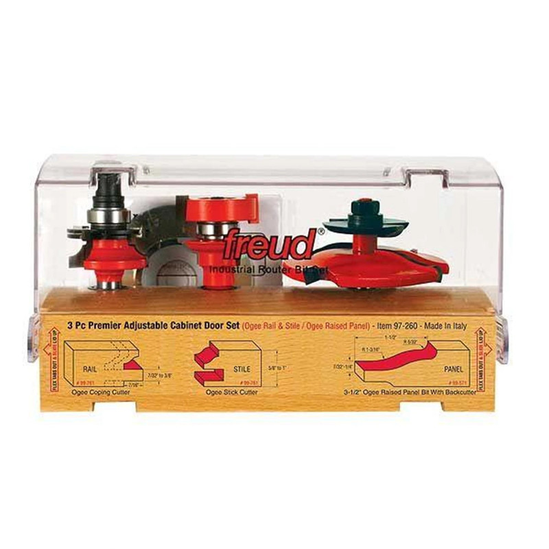 97-260 Adjustable Rail And Stile 3-Pc Door Router Bit Set Ogee Panel W/Bc Ogee Rail 1/2" Shank